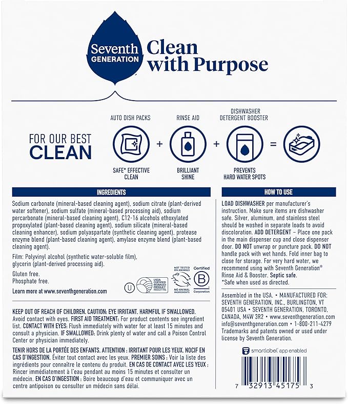 Seventh Generation Dishwasher Detergent Packs Free & Clear for sparkling dishes Dishwasher tabs 45 count