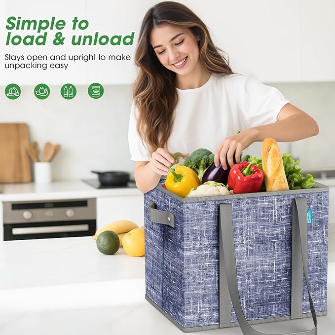 Fab totes Reusable Grocery Bags, Large Foldable Shopping Tote Bags with Reinforced Handles & Hard Bottom,Water Resistant Grocery Bags for kitchen,Picnic,8 Pack,Blue
