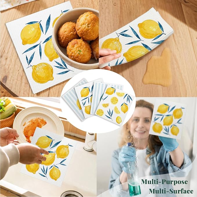 Lemon Swedish Dishcloths for Kitchen, Swedish Dish Cleaning Cloths for Friut, Papaya Reusable Paper Towels, 4 Pack Dish Towels for Kitchen, Reusable Sponge Cloths Washable