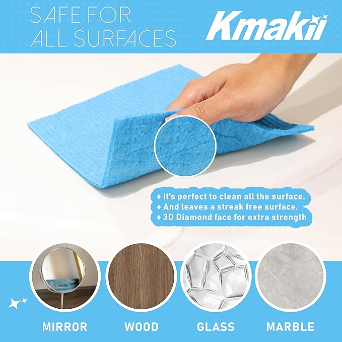 KMAKII Reusable Swedish Dishcloths - Absorbent, Long-Lasting Sponge Cloths for Kitchen and Home Cleaning (Red, Blue, Green, Yellow), Pack of 10