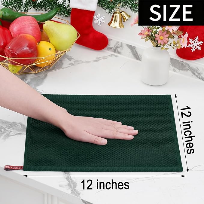 Homaxy 100% Cotton Waffle Weave Kitchen Dish Cloths, Ultra Soft Absorbent Quick Drying Dish Towels, 12 x 12 Inches, 8-Pack, Blackish Green
