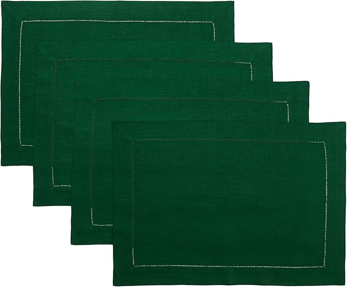 D'Moksha Homes Linen Placemats Set of 4 - Classic Hemstitch Forest Green Placemats 14 x 19 Inch - 100% Pure Linen Table Mats for Christmas, Holiday - Handcrafted and Machine Washable