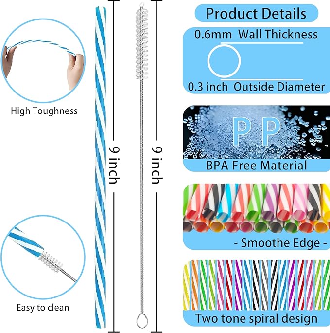 100PCS Reusable Stirrer Straws-Short Assorted Color Plastic Stripe Drinking Straws Pipes + 2 Brushes Fit for Milk & Juice & Coffee & Smoothies & Cocktail & Kids Straws Kit(Two-tone Stripe, 9 Inches)