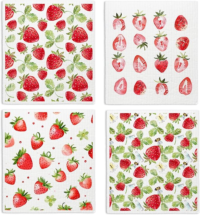 Strawberries Swedish Dishcloths for Kitchen, Pink Swedish Dish Cloths for Friut, Papaya Reusable Paper Towels, 4 Pack Cleaning Cloth for Kitchen, Reusable Paper Towels Washable