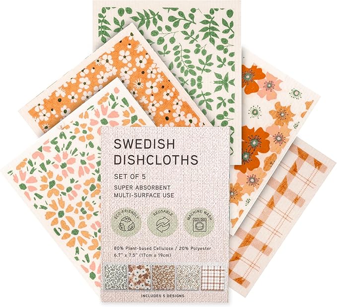 MosJos Swedish Dishcloths, Vintage Plant-Based Cellulose, 6.7x7.5 Inch, Super Absorbent, Multi-Surface, Machine Washable, Reusable, 5 Pack (Orange Green)