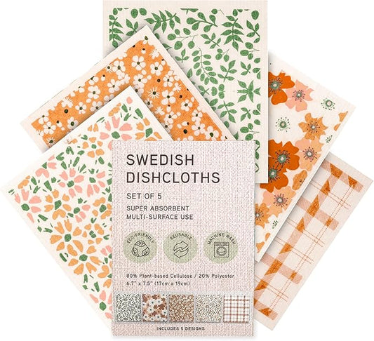 MosJos Swedish Dishcloths, Vintage Plant-Based Cellulose, 6.7x7.5 Inch, Super Absorbent, Multi-Surface, Machine Washable, Reusable, 5 Pack (Orange Green)