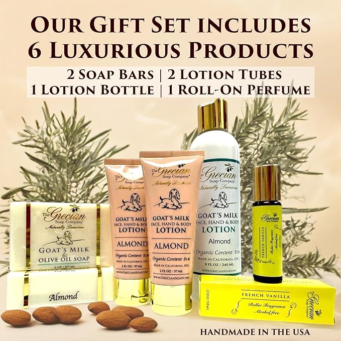 The Grecian Soap Company Deluxe Gift Basket for Women - 6pcs Goat Milk & Olive Oil Skin Care Set, Birthday Gifts, Spa Gift, Bridal Shower Gifts, Gifts for Mom, Almond Scent, Handmade in the USA