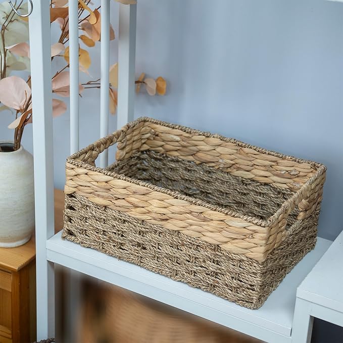 Handmade Water Hyacinth Storage Basket, Woven Basket Organizer with Inner Handles for Home & Office Decor (Medium)