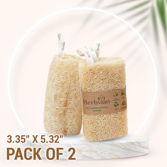 Natural Vietnamese Loofah Sponge, 100% Plant-Based Luffa Exfoliating Body Scrubber for Shower, Multi-Functional for Kitchen, Ideal for Men & Women, Spa & for Pet (2pcs/Pack)