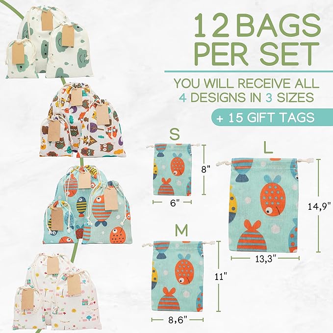 12 pcs Reusable gift bags. Bonus: 15 Gift tags & String. Multipurpose Gift wrap bags. Fabric gift bags. Gift bags assorted sizes for Holiday gifts, birthdays, parties. 12th Ed.
