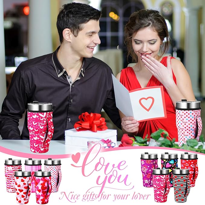Layhit 10 Pcs Valentine Theme Coffee Cup Sleeves Reusable Neoprene Cup Sleeve with Handle for Galentines Valentine's Day Anniversary Wedding Gifts for 30 oz Cold Hot Drinks Beverages Tumbler