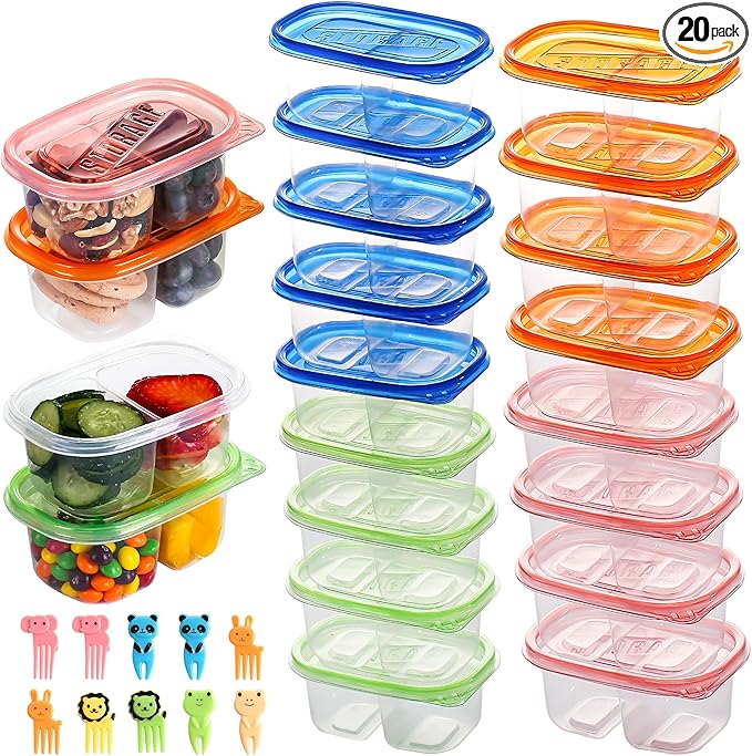 20pcs Reusable Snack Containers with Lids,Double Compartment Snack Containers for kids adults, 10 Cute Forks，Bento Box-Lightweight and stackable, Microwave, refrigerator safe (4 Color)