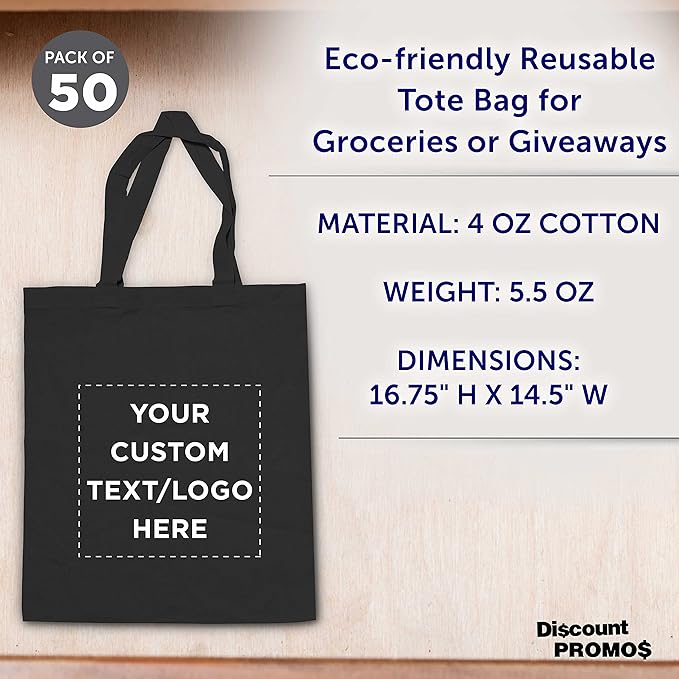 DISCOUNT PROMOS Custom Cotton Canvas Tote Bags Set of 50, Personalized Bulk Pack - Reusable, Great for Shopping, Grocery, Beach, Picnic, Wedding Favors - Black