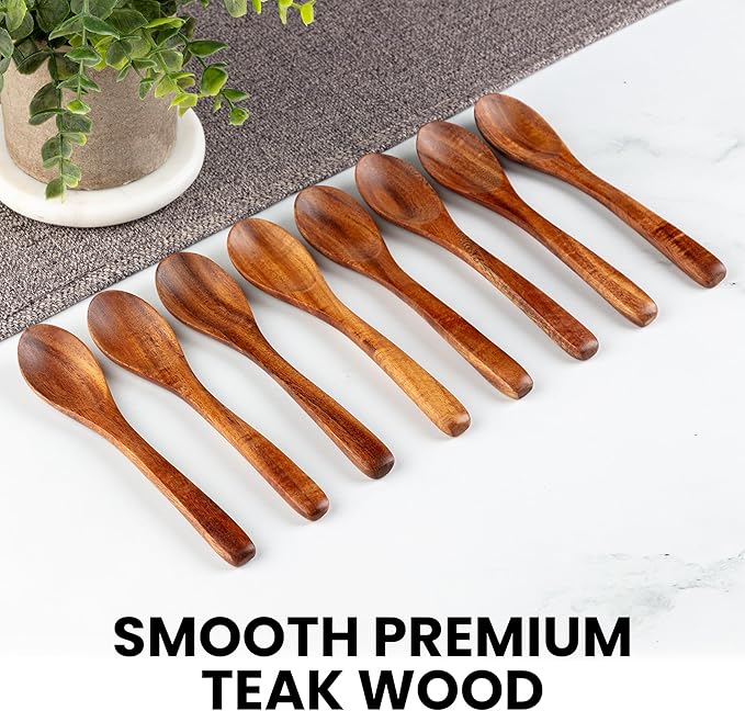 Zulay Kitchen Teak Wood Small Honey Spoons Set – 8 Piece Mini Wooden Honey Dippers, Handcrafted Natural Teak Wood, Durable, Smooth Finish & Food-Safe Design