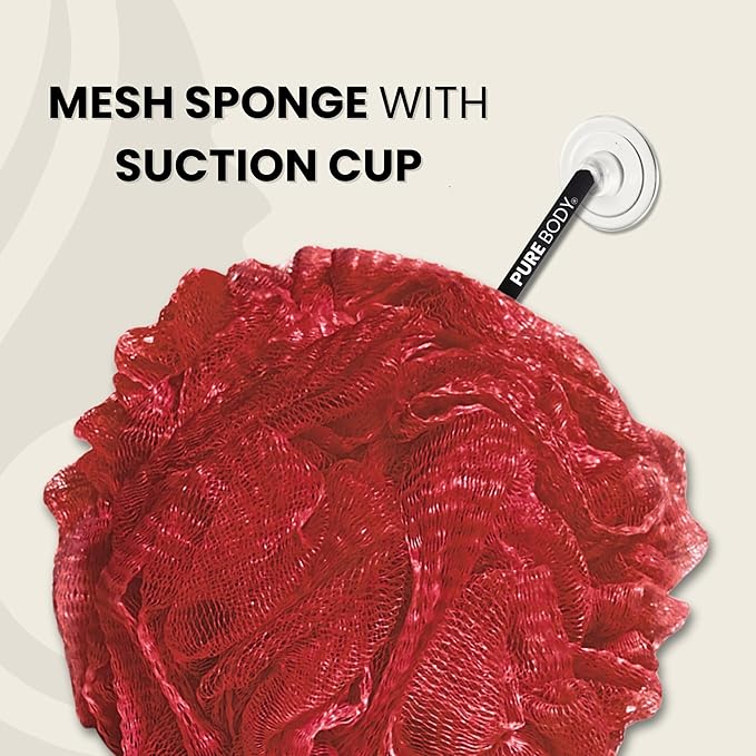 Large Bath Sponge Pack of 3 – Gentle Exfoliation Loofahs with Suction Cup for Easy Drying, Soft 70G Mesh Poufs for All Skin Types, Luxurious Lather for Daily Use (Dark Red)
