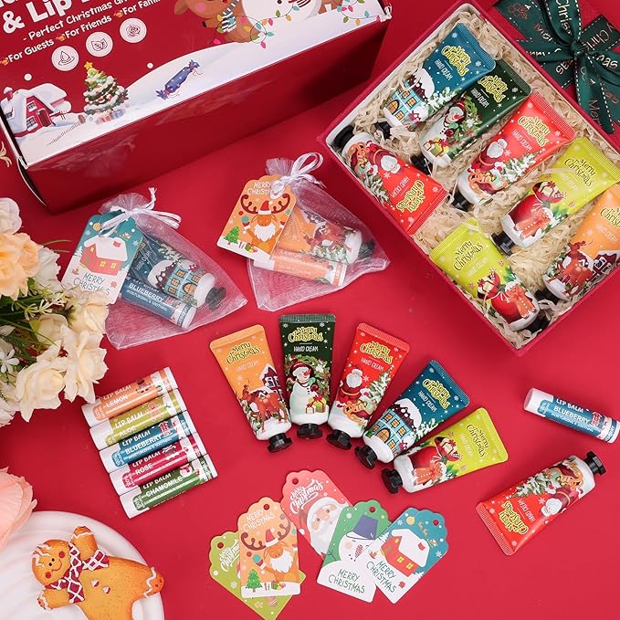 VESPRO 50 Pack Christmas Hand Cream and Lip Balm Gift Set, Bulk Christmas Gifts with Christmas Cards and Organza Bag, Christmas Decorations, Party Favors and Stocking Stuffers for Women