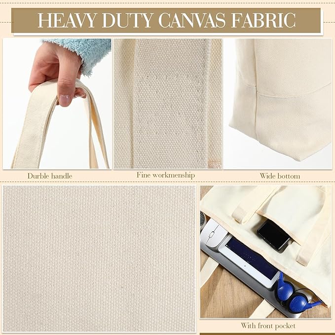 Reginary 16 Pcs Canvas Tote Bags Bulk with Outer Pocket 18 Inch Reusable Shopping Grocery Blank Tote Bag for Women Mother DIY