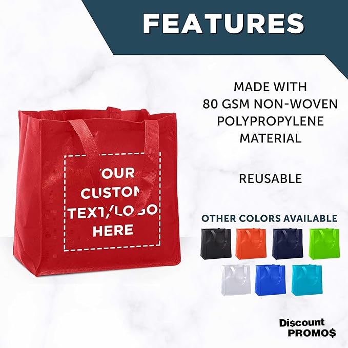 DISCOUNT PROMOS Custom Reusable Cloth Grocery Shopping Tote Bags Set of 10/50/100, Personalized Bulk Pack - Foldable, Washable, Shopper Bag - Red