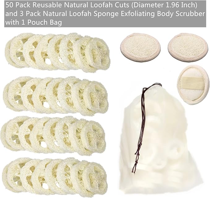 50Pcs Natural Loofah Slice of 1.96inch, Reusable Natural Loofah Cuts for Cleaner Sponge Scrubber, Facial Soap Holder and DIY Customize Soap Tools, with 3Pcs Exfoliating Loofah Pad and 1 Storage Bag