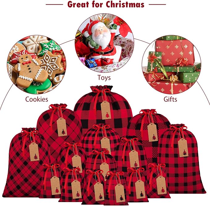 Aneco 15 Packs Christmas Buffalo Plaid Gift Bags with Drawstring Xmas Stocking Bags with 24 Pieces Kraft Tags for Gift Wrapping, Daily use, Assorted sizes