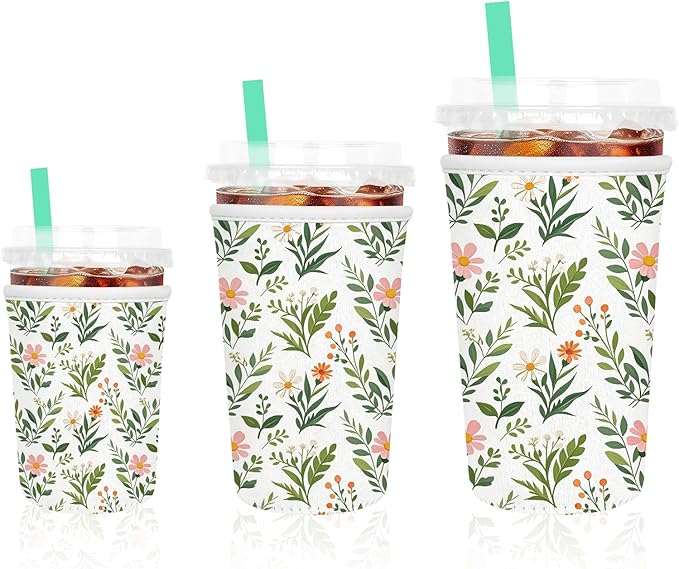3 Pack Iced Coffee Sleeve, Reusable Insulated Neoprene Cup Sleeve for Cold & Hot Drinks Beverages, Cup Holder for 16-32oz Coffee Cups, White Leaves