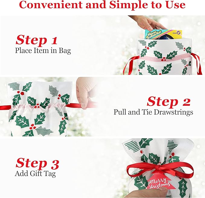 Fabric Gift Bags for Christmas Presents - Set of 6 Christmas Bags with Drawstring, Large Gift Bags for Presents, Xmas Gift Wrap, Reusable Drawstring Bags for Gifts (Holly Large)