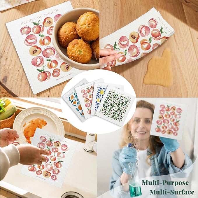 Swedish Dishcloths for Kitchen, Papaya Reusable Paper Towels Washable, Cucina Doliva Oranges Peach Lemon Swedish DishCloths for Friut, 4 Pack Dish Towels for Kitchen