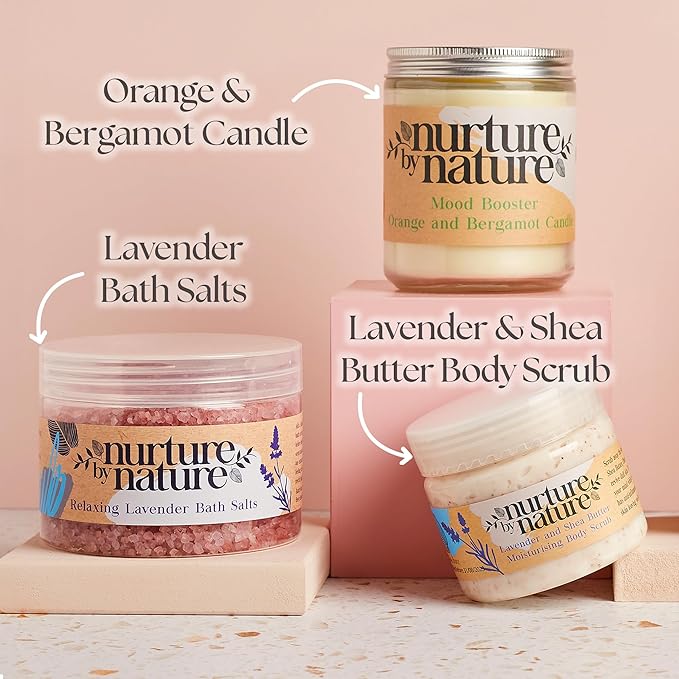 NURTURE BY NATURE Relax & Calm Christmas Gift Basket – Spa Gifts for Women with Bath Bomb, Hand Cream, Lavender Pillow Mist & Scented Candle - Vegan - Stocking Stuffers, Holiday Gifts, Gifts for Mom