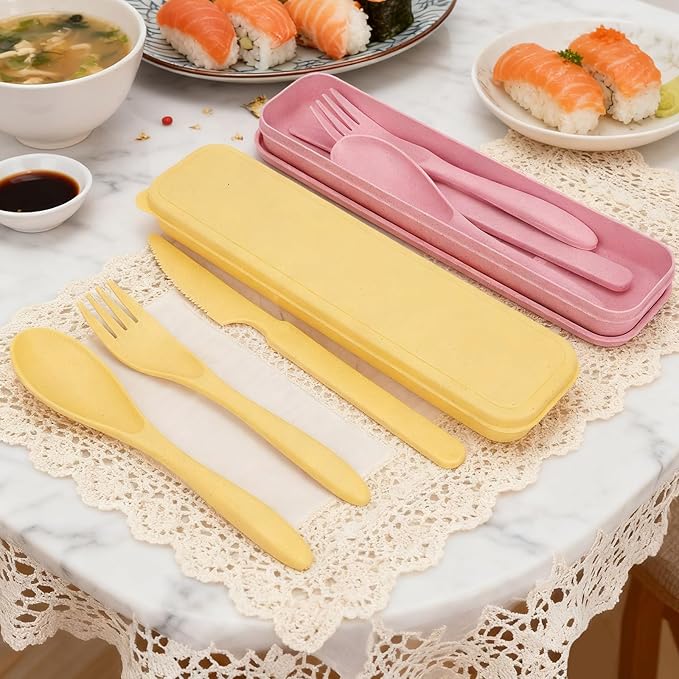 2 Sets Reusable Utensil Set with Case, Portable Camping Fork Knife Spoon Set, Travel Utensils for Lunch Box, for School Work Lunch or Daily Use (Pink, Light yellow)
