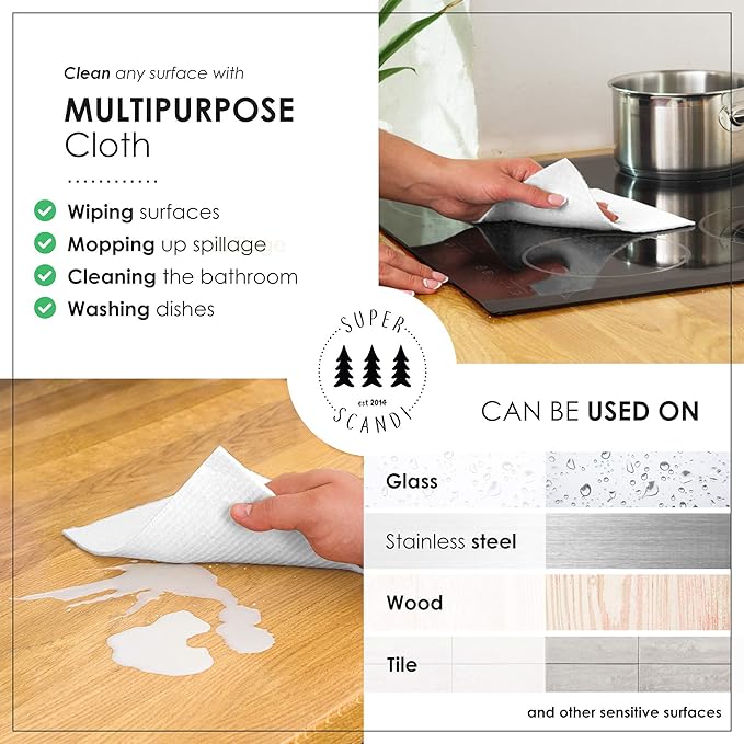 SUPERSCANDI 5 Pack Swedish Dishcloths for Kitchen - 100% Biodegradable & Compostable Reusable Paper Towels Washable, Food-Safe & Without Plastic - Dish Rags Suitable for Any Surface, Leaves