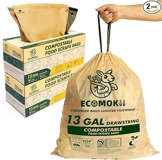 EcoMokii Compostable Trash Bags with Drawstring 13 Gallon, 60 Count, 49.2 Liter, 1.2 Mil Heavy Duty Extra Thick for Tall Kitchen Garbage Can, Compost Food Waste Bag, BPI (ASTM D6400)
