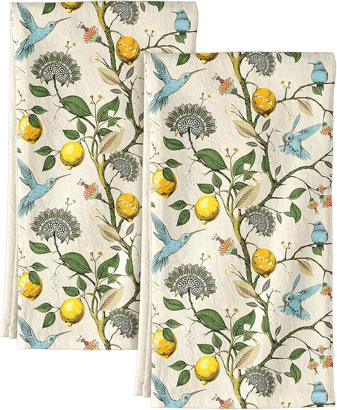 Flour Sack Kitchen Towels Set of 2-18x26 Cotton Dish Towels with Hanging Loop Reusable Tea Towel for Cleaning Spring Absorbent Dishcloths Cute Home Decor Housewarming, Lemon Birds