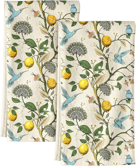 Flour Sack Kitchen Towels Set of 2-18x26 Cotton Dish Towels with Hanging Loop Reusable Tea Towel for Cleaning Spring Absorbent Dishcloths Cute Home Decor Housewarming, Lemon Birds
