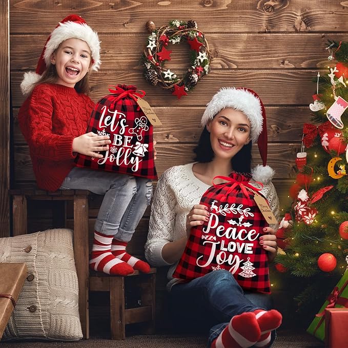 10 PCS Christmas Drawstring Gift Bags with Tags, Buffalo Plaid Xmas Gift Bags Assorted Sizes Bulk, Cotton Fabric Holiday Gift Bag Large Medium Small Wrapping Bag for Xmas Presents Decor Party Favors