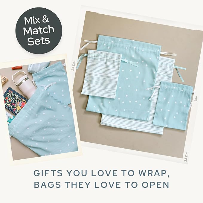 Gather & Knot Drawstring Gift Bags | 20" Large 12" Small | Premium Canvas | Reusable Fabric Wrap for Baby Shower, Birthdays, Hannukkah, Christmas | Blue Dots