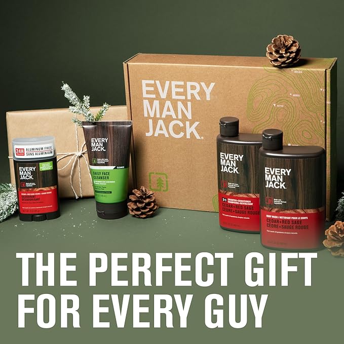 Every Man Jack Men's Bath and Body Gift Set - Cedar & Red Sage Scent - Clean Ingredients - Includes Hydrating Body Wash, 2-in-1 Shampoo, Aluminum-free Deodorant & Face Wash