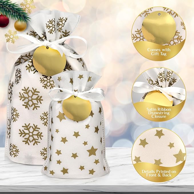 Fabric Gift Bags for Christmas Presents - 6 Pcs Drawstring Fabric Bags, Large Christmas Gift Bags for Presents, Reusable Gift Wrap Bags for Gifts (Gold, Assorted Sizes)