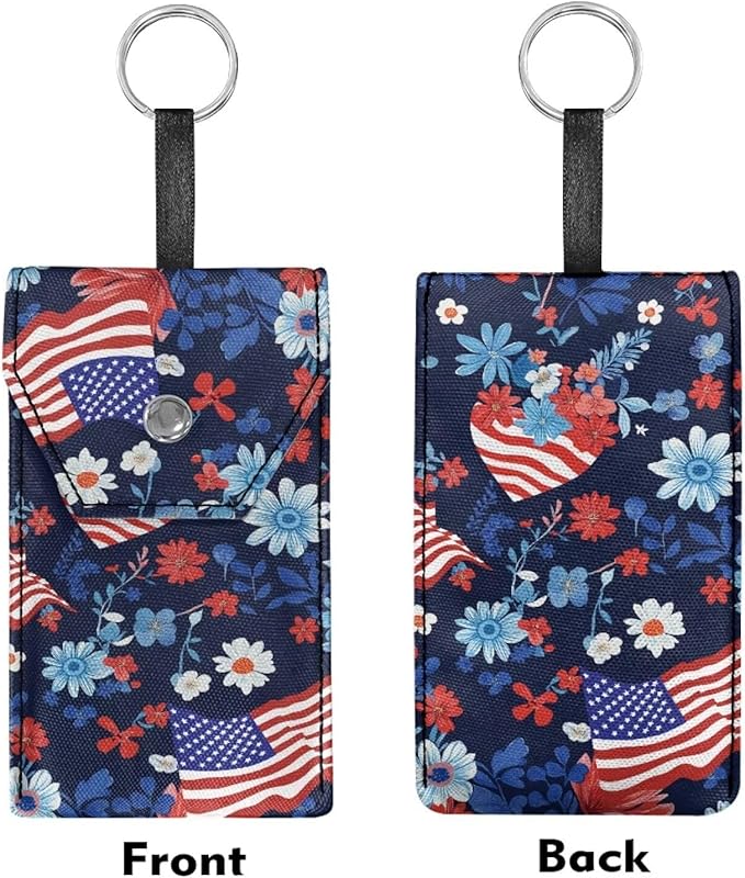 American Flag Floral Tissues Purse Pocket Portable Tissue Holder for Purse Coin Keys Tissues Packs with Hanging Rope for 4th of July Snap Button Enclosed