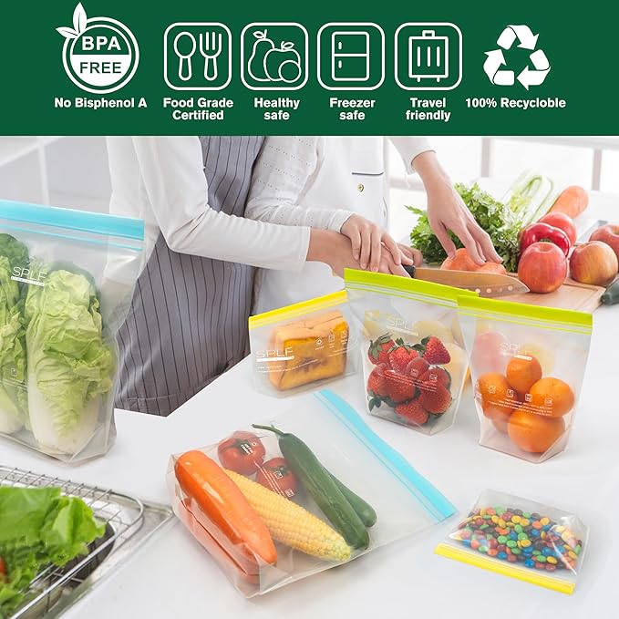 SPLF 8 Pack Reusable Gallon Freezer Bags Dishwasher Microwave Safe, 1 Gallon BPA Free Leakproof Food Storage Bags, Silicone Free Containers for Meal Prep, Fridge Kitchen Organization