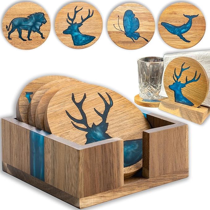 4Pcs Drink Coaster Set with Napkin Holder Conversion Base Acacia Wood with Unique Resin Animal Design for Kinds of Cups Tabletop Protection and Decor for Coffee Table Ideas for Gifts