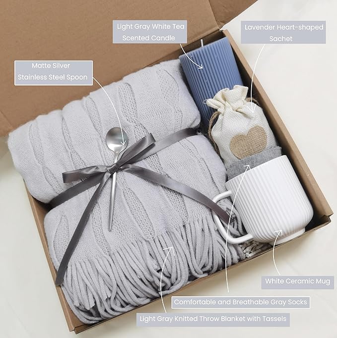 Get Well Soon Gift Basket for Women - Self Care Package - After Surgery, Sympathy Gift for Loss of Loved One, Thinking of You/ Mothers Day/ Grief /Bereavement /Miscarriage Gifts for Women (Light gray)