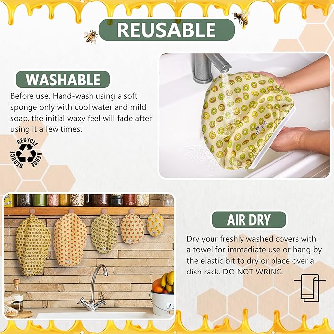 Li’l Things Beeswax Bowl Covers – Reusable Wraps Set of 5 | Organic Cotton, Beeswax & Jojoba | Eco-Friendly, Washable Lids for Bread Proofing, Jars, Pet Food (XS–XL) -Fruity Fruit