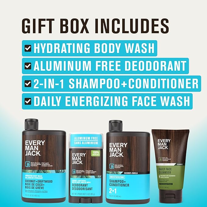 Every Man Jack Men's Bath and Body Gift Set - Coconut + Driftwood Scent - Clean Ingredients - Includes Hydrating Body Wash, 2-in-1 Shampoo, Aluminum-free Deodorant & Face Wash