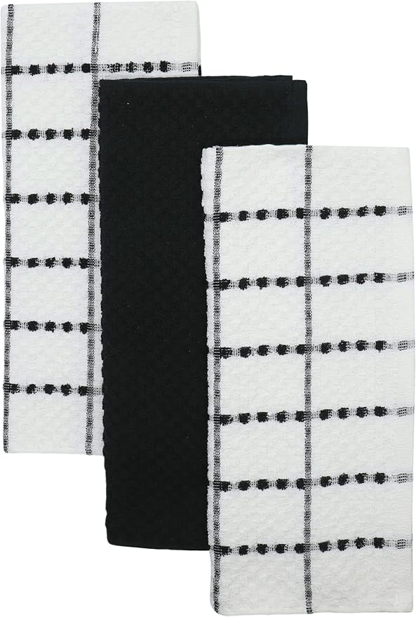 Cotton Dish Towels for Kitchen Drying Dishes, Set of 3, Terry Kitchen Hand Towels, Light and Soft Tea Towels for Baking, 15 Inch x 25 Inch (Black Set)