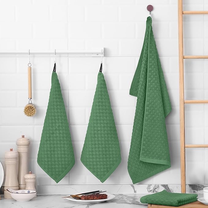 Fintale 100% Cotton Kitchen Towels and Dishcloths Set, 12 x 12 & 15 x 25 Inches, Set of 8 Bulk Super Soft and Absorbent Terry Cloth Dish Towels, Quick Drying Hand Towels with Hanging Loop, Grass Green