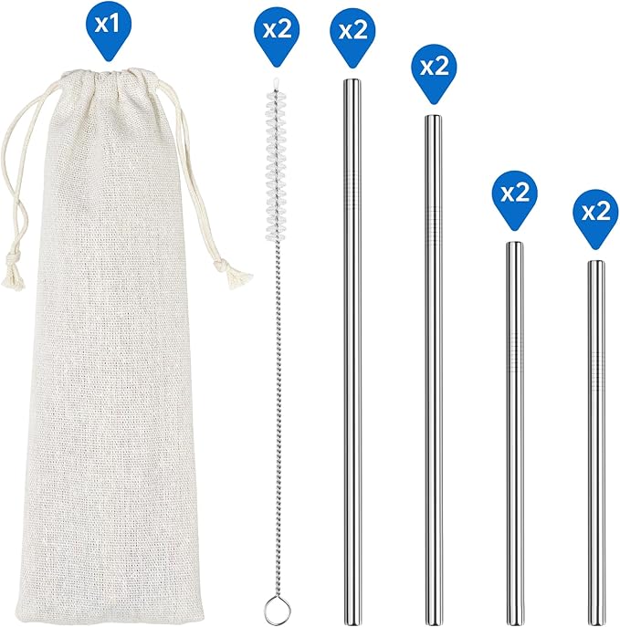 NiHome 8PCS Stainless Steel Straws for Stanley 40oz 30oz 20oz 14oz Tumblers, 4 Lengths Reusable Drinking Straws with Cleaning Brushes and Pouch, 9mm Wide Straws for Boba, Smoothie, Dishwasher Safe