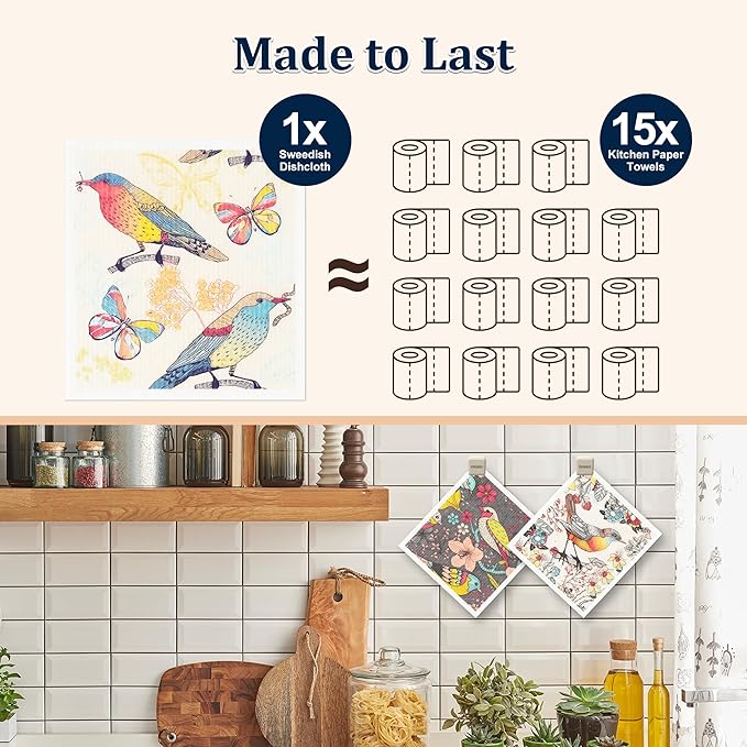 Swedish Dishcloths for Kitchen, 6 Pack Reusable Paper Towels Washable, Super Absorbent Kitchen Towels, Odorless, Biodegradable and Quick-Drying Dish Cloths, Flower and Bird Pattern