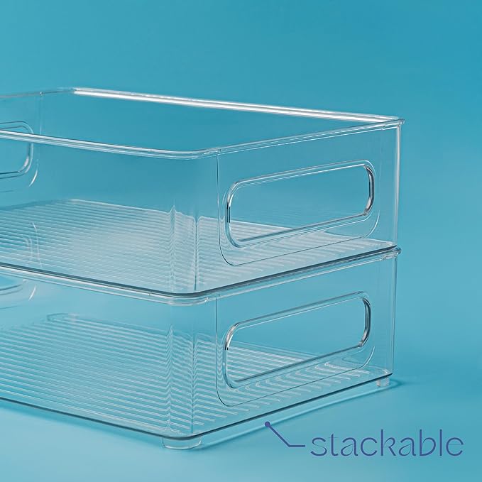 primebox Plastic Food Storage 2 pack Clear Container Bin with Handles for Organizing Kitchen, Pantry, Refrigerator, Freezer, Pantry, Cabinet, Closet, Bathroom. Stackable 10”x8”x3”