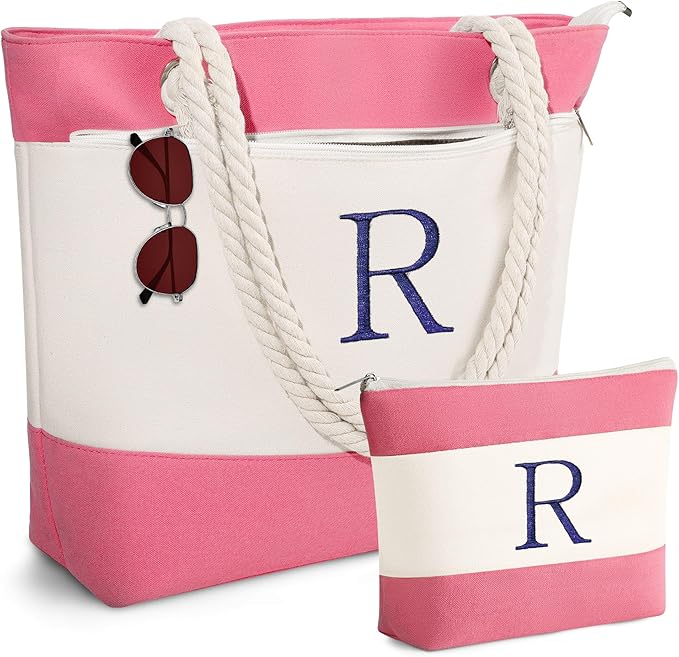 YOOLIFE Christmas Gifts for Women - Personalized Initial Canvas Beach Bags for Women Gifts for Mom Teacher Friend Birthday
