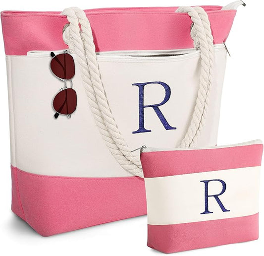 YOOLIFE Christmas Gifts for Women - Personalized Initial Canvas Beach Bags for Women Gifts for Mom Teacher Friend Birthday